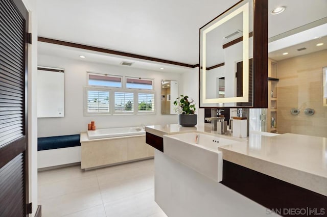 bathroom with plus walk in shower, tile patterned flooring, vanity, and beamed ceiling