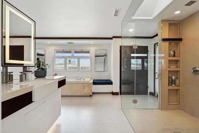 bathroom with separate shower and tub, vanity, tile patterned flooring, and crown molding