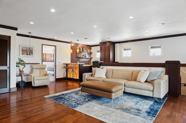 living room featuring dark hardwood / wood-style flooring, bar, and ornamental molding