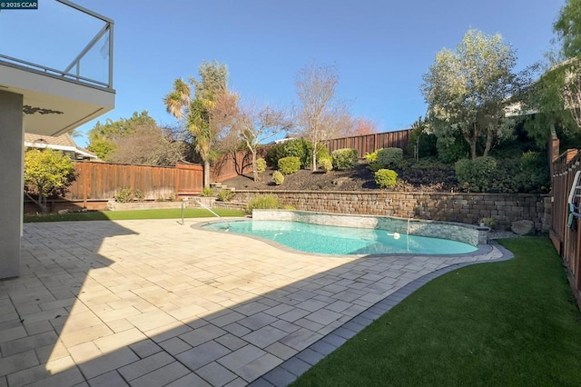 view of pool with a patio area and pool water feature