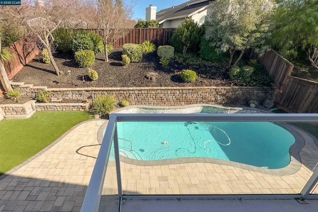 view of swimming pool with a yard and a patio