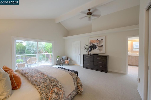 bedroom featuring ensuite bath, ceiling fan, lofted ceiling with beams, access to outside, and light colored carpet