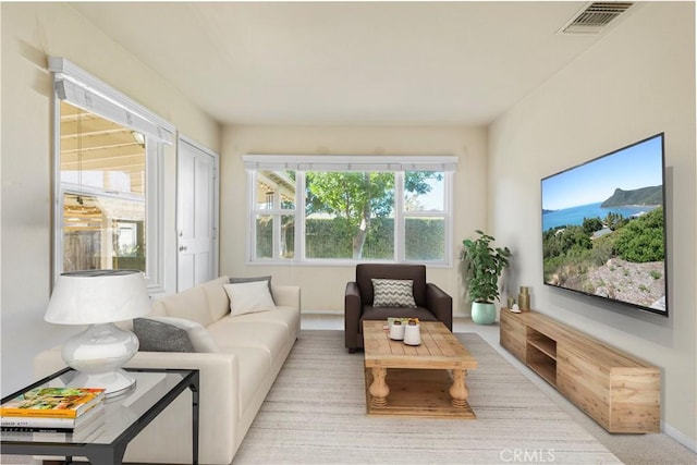 living room featuring light colored carpet