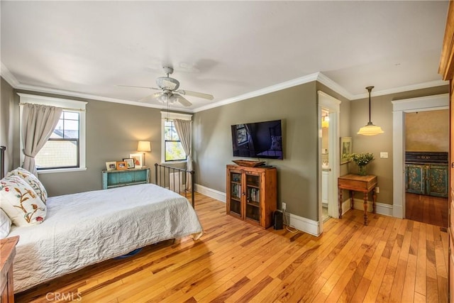 bedroom with crown molding, ceiling fan, multiple windows, and light hardwood / wood-style flooring