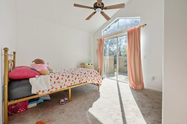 carpeted bedroom featuring high vaulted ceiling, access to outside, and ceiling fan