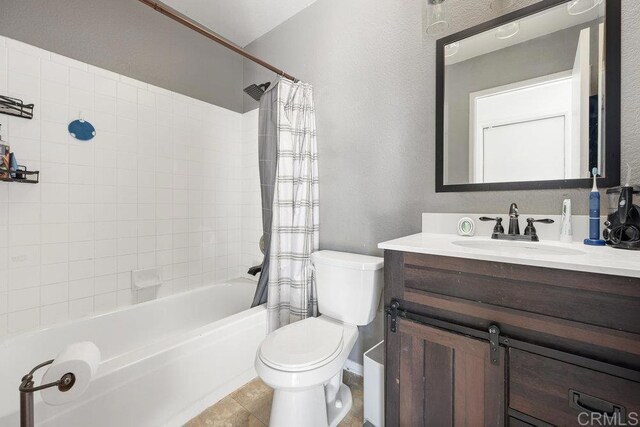 full bathroom featuring shower / bath combination with curtain, vanity, toilet, and tile patterned flooring