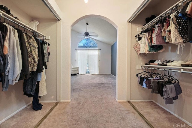 spacious closet with ceiling fan, lofted ceiling, and light carpet