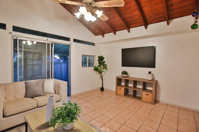 living room featuring light tile patterned flooring, high vaulted ceiling, wooden ceiling, beamed ceiling, and ceiling fan