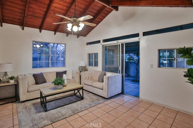 tiled living room featuring wood ceiling, beam ceiling, high vaulted ceiling, and ceiling fan