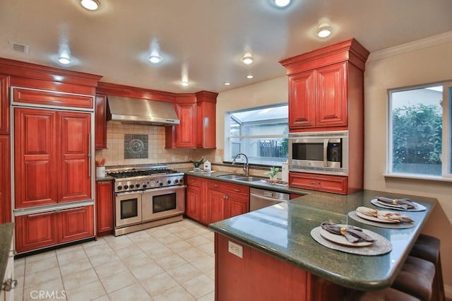 kitchen with tasteful backsplash, sink, built in appliances, kitchen peninsula, and wall chimney exhaust hood