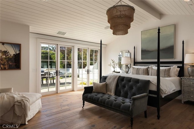 bedroom featuring hardwood / wood-style flooring, access to exterior, lofted ceiling with beams, and wooden ceiling