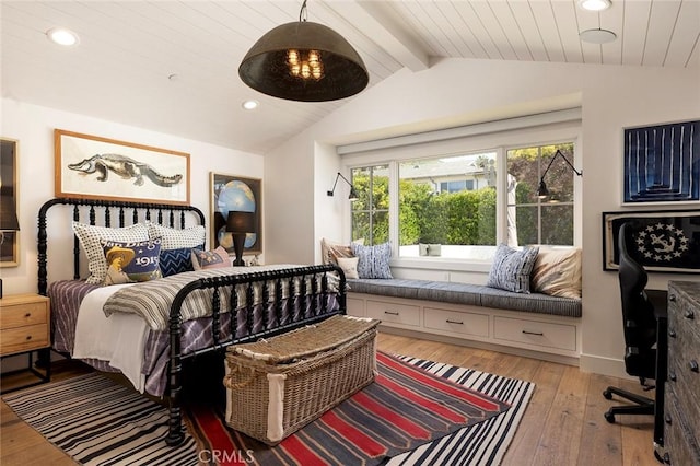 bedroom with wooden ceiling, lofted ceiling with beams, and light wood-type flooring