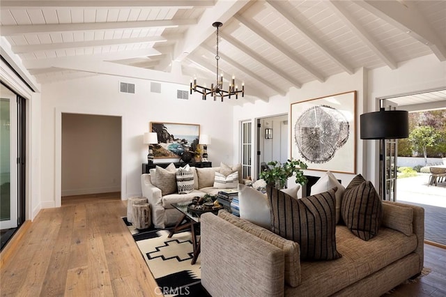 living room featuring wooden ceiling, vaulted ceiling with beams, wood-type flooring, and a notable chandelier