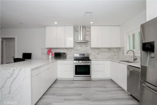 kitchen with white cabinetry, kitchen peninsula, appliances with stainless steel finishes, wall chimney range hood, and sink