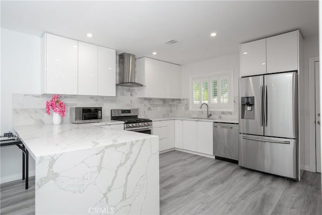 kitchen with kitchen peninsula, sink, white cabinetry, stainless steel appliances, and wall chimney exhaust hood