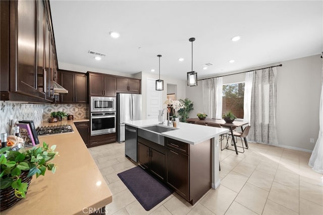 kitchen featuring appliances with stainless steel finishes, backsplash, a kitchen island with sink, pendant lighting, and sink