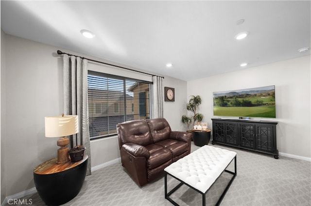 living room with light colored carpet