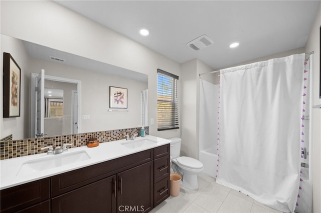 full bathroom with toilet, shower / bath combination with curtain, backsplash, and vanity