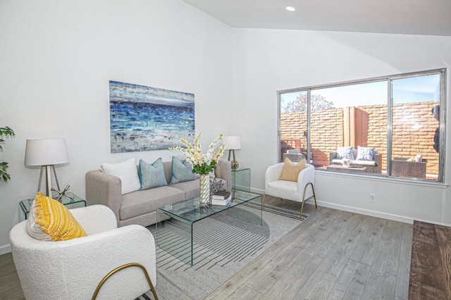 living room with wood-type flooring and vaulted ceiling