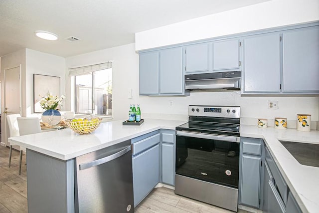 kitchen featuring blue cabinets, sink, light hardwood / wood-style flooring, appliances with stainless steel finishes, and kitchen peninsula