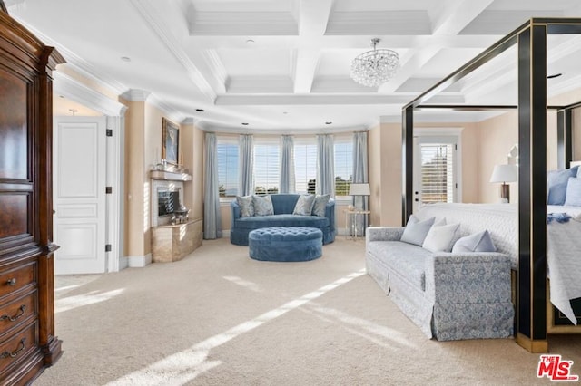 living room featuring light carpet, ornamental molding, and coffered ceiling