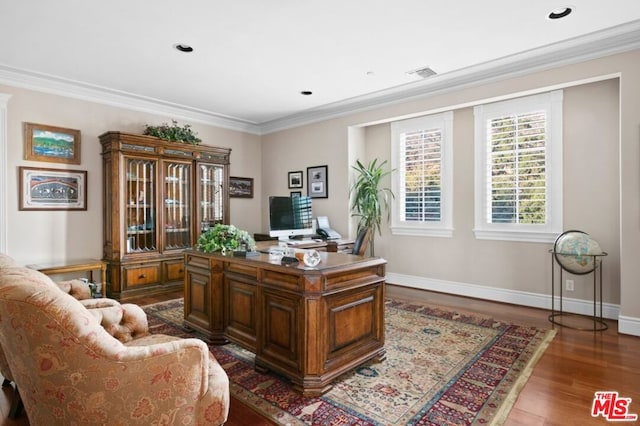 office space featuring dark hardwood / wood-style floors and crown molding