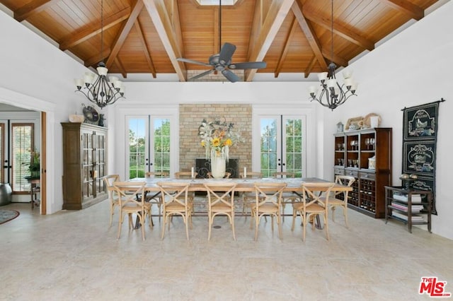 unfurnished dining area with french doors, a notable chandelier, and wooden ceiling