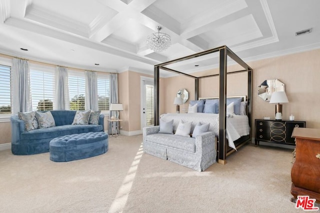 carpeted bedroom featuring a notable chandelier, crown molding, beamed ceiling, and coffered ceiling