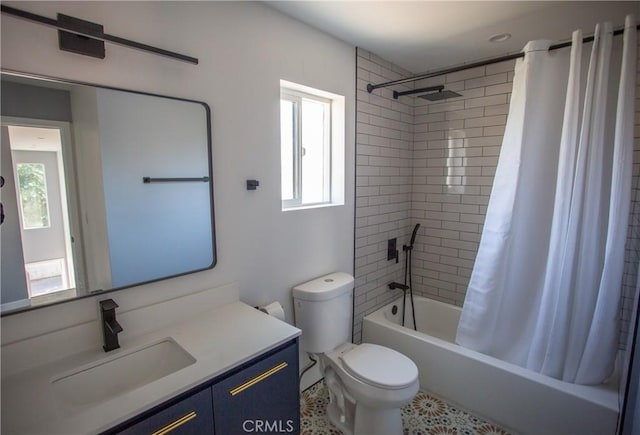 full bathroom with toilet, vanity, and shower / tub combo with curtain