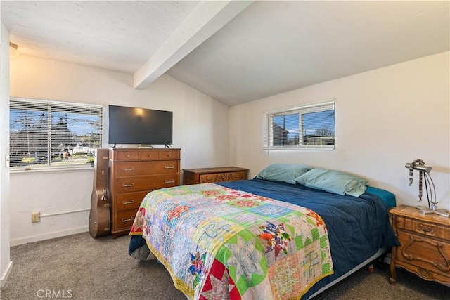 carpeted bedroom with lofted ceiling with beams