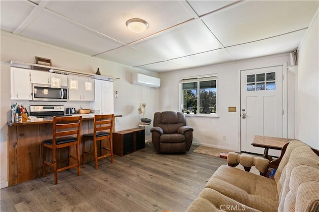 living room with a wall mounted AC and hardwood / wood-style flooring