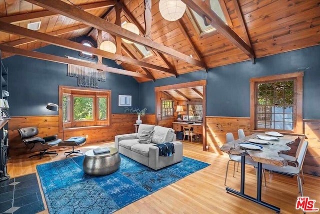 living room featuring hardwood / wood-style floors, wood ceiling, wooden walls, high vaulted ceiling, and beam ceiling