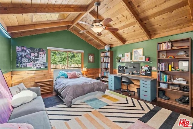 bedroom with wooden ceiling, vaulted ceiling with beams, hardwood / wood-style floors, and wooden walls