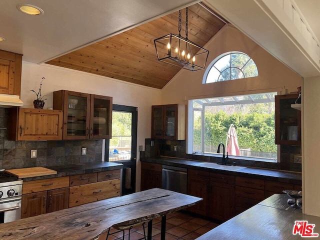 kitchen featuring wooden ceiling, appliances with stainless steel finishes, decorative backsplash, vaulted ceiling, and sink