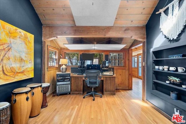 office area with wooden walls, wooden ceiling, built in features, light hardwood / wood-style flooring, and lofted ceiling with beams