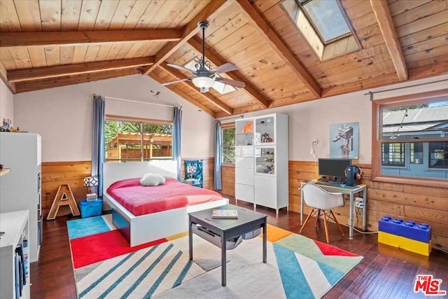 bedroom featuring dark wood-type flooring, wooden ceiling, and wooden walls