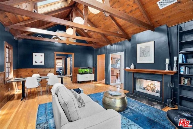 living room with lofted ceiling with beams, wood ceiling, wood walls, and hardwood / wood-style floors