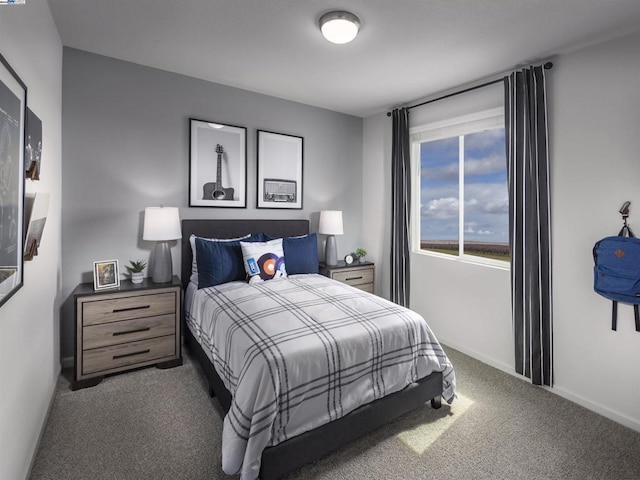 bedroom with dark colored carpet