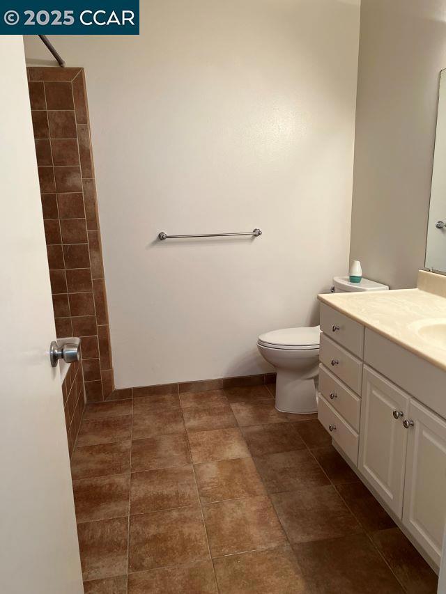 bathroom with vanity, toilet, and walk in shower