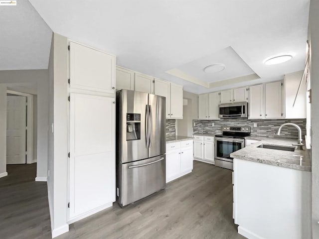 kitchen featuring appliances with stainless steel finishes, tasteful backsplash, sink, white cabinets, and a raised ceiling