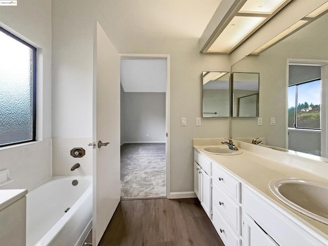 bathroom featuring a tub to relax in, hardwood / wood-style floors, and vanity