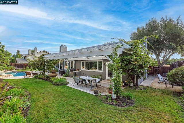 back of property featuring a fenced in pool, a pergola, a patio area, and a lawn