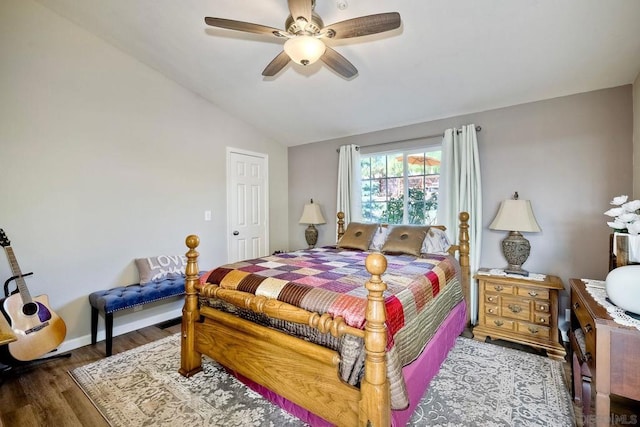 bedroom featuring lofted ceiling, hardwood / wood-style floors, and ceiling fan