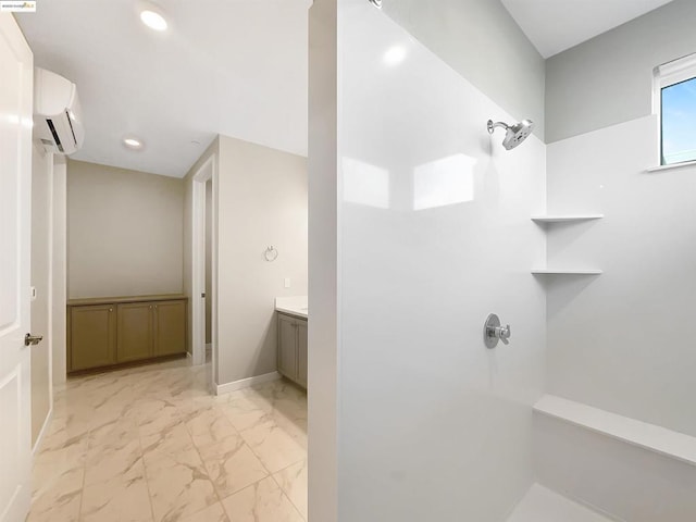 bathroom with walk in shower, an AC wall unit, and vanity