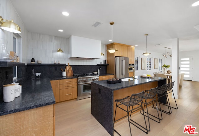 kitchen with an island with sink, backsplash, pendant lighting, high quality appliances, and sink