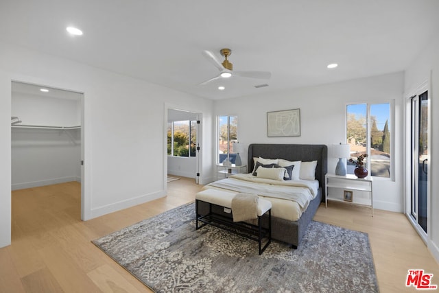 bedroom featuring a walk in closet, multiple windows, a closet, light wood-type flooring, and ceiling fan