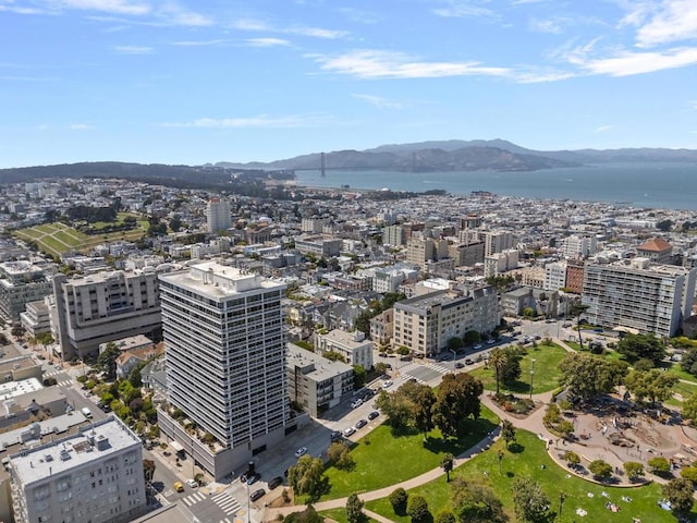 aerial view with a water and mountain view