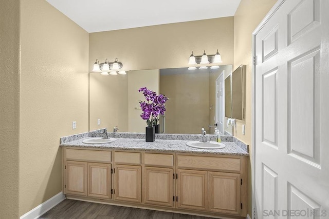 bathroom with wood-type flooring and vanity