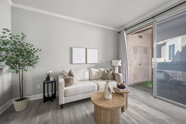 living room featuring hardwood / wood-style floors and ornamental molding