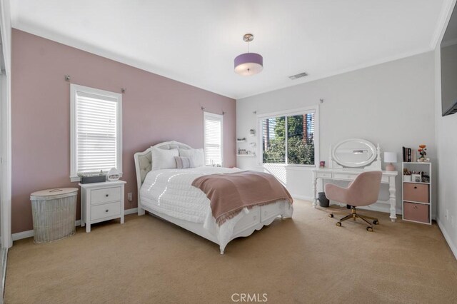 bedroom with light colored carpet